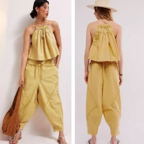 FREE PEOPLE Beach Life Pants Set Pampas Snd/Sable - Picture 1 of 6